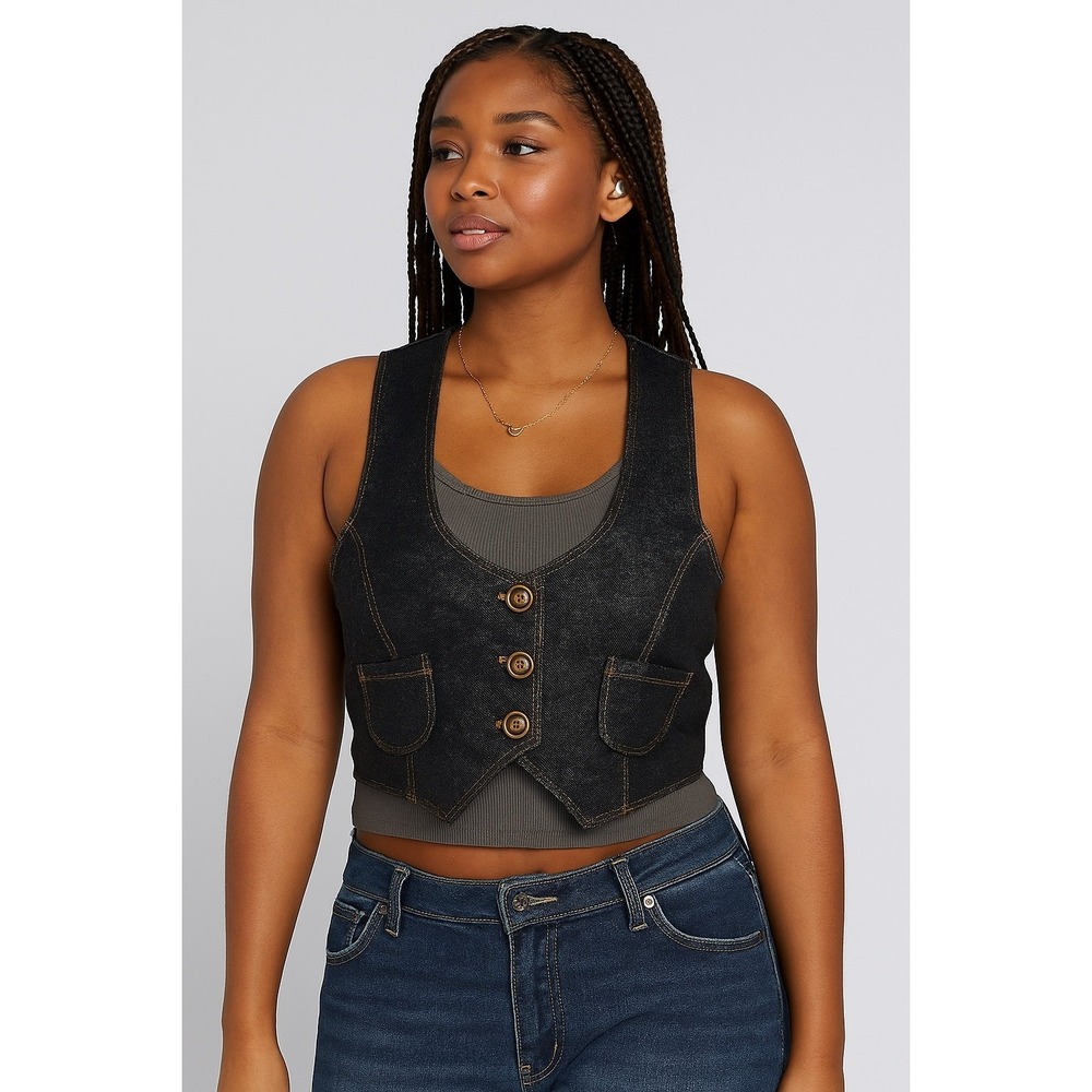 Bongo Y2K‎ blue denim look cotton 3 button vest cute retro stretchy size small